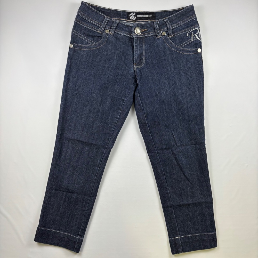 Rocawear Womens Dark Wash Embroidered Logo Capri Jeans Y2K Mid Rise Size 3